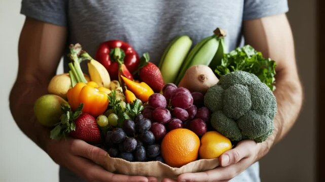 Healthy Harvest: A person tenderly cradles a vibrant bounty of fresh, colorful fruits and vegetables in a visual ode to nutrition and the joy of wholesome eating.