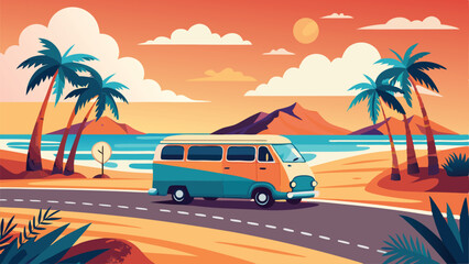 Colorful van driving on road beside palm trees with beach and sunset scene