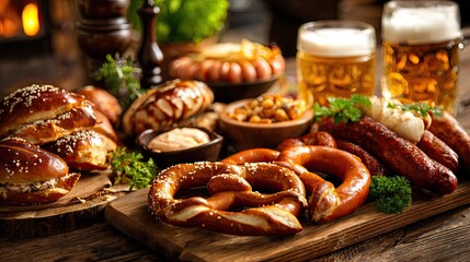 Traditional Oktoberfest Food: Pretzels, Sausages and Beer
