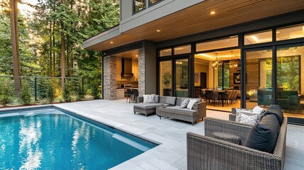 Cozy patio area with garden furniture, sliding doors, and a swimming pool, offering a perfect retreat for outdoor relaxation and entertainment in a modern home.