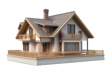 Detailed house model design showcasing a modern architectural style with a combination of wood and stone elements, isolated on a transparent background for versatile usage