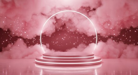 Pink Platform with Light Ring and Cloud Background