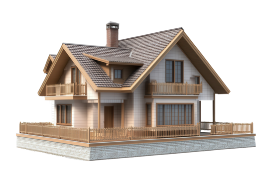 Detailed house model design showcasing a modern architectural style with a combination of wood and stone elements, isolated on a transparent background for versatile usage