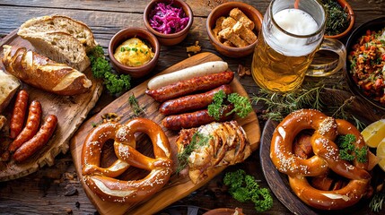Hearty Bavarian Feast with Beer and Pretzels on Rustic Wood Table