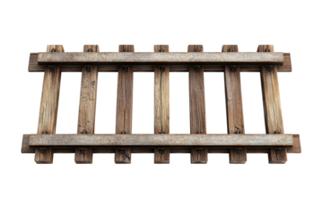 Detailed view of a set of railway rails laid out in a grid pattern showcasing the texture and color variations of wood against a clean white background