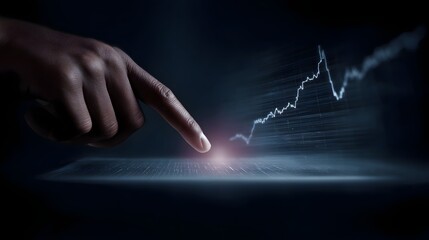 Floating dashboard with real time profit line touched by index finger