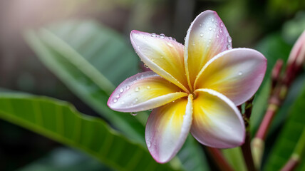 Obraz premium A single, vibrant plumeria blossom in full bloom.