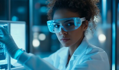Female scientist working with digital data on a touch screen in a futuristic laboratory, using virtual reality glasses to interact with and explore the technology, an AI innovation concept