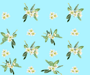 seamless plumeria pattern with white flowers and green leaves on a blue background