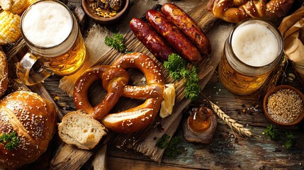 Oktoberfest Food: Beer, Pretzels and Sausages Still Life