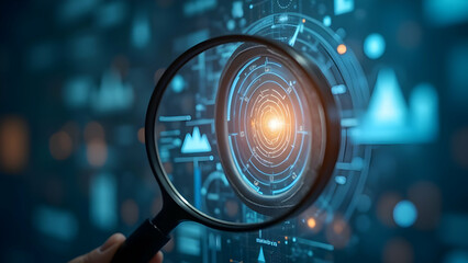 Magnifying lens highlighting target growth icon for business planning leadership and customer targeting analysis in corporate strategy development.