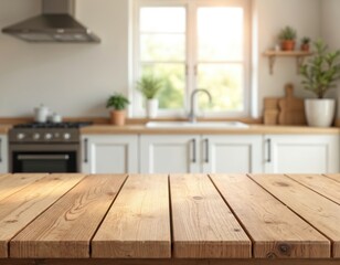 Fototapeta na wymiar Wooden table foreground blurred kitchen. Rustic wood surface for product display presentation. Empty tabletop with cozy bright interior, window, shelf. Product placement, food photo, modern home