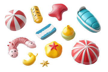 Colorful summer objects collection featuring beach toys and accessories in vibrant designs perfect for fun and relaxation during the warm season