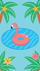 Cute flamingo pool float with palm trees and flowers on a turquoise summer background