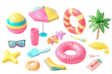 Bright and colorful summer objects set featuring beach toys, inflatable rings, and vibrant accessories for fun outdoor activities