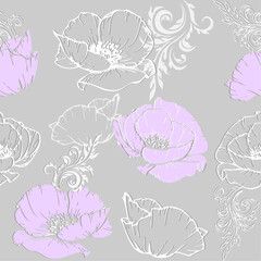 seamless pattern of pink, white, and gray poppies on a gray background