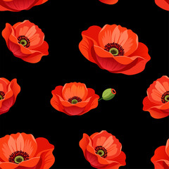 seamless pattern of red poppies with buds on a black background 2