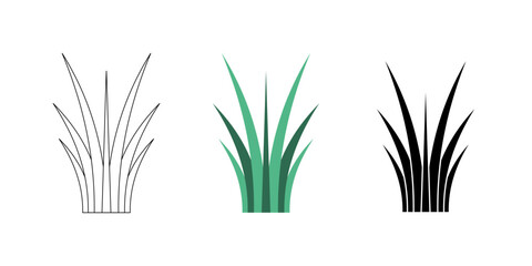 Set of Simple Grass Icons and Illustrations. A versatile set of three simple grass illustrations in different styles: outline, flat green color, and solid black silhouette.