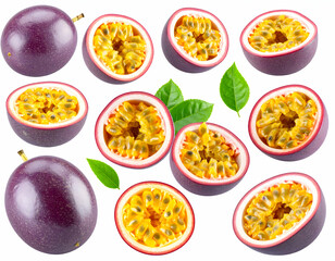 Vibrant Passion Fruit Collection Juicy Halves, Whole Fruits & Leaves