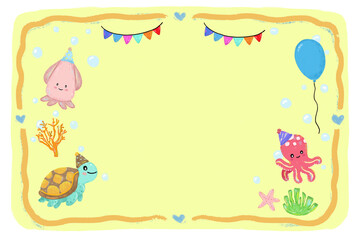Fototapeta premium cute blank empty hand drawn yellow pastel colorful sea ocean theme kids birthday party greeting card notes name label memo doodle bunting flag garland crayon watercolor kids illustration design