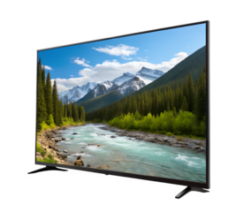 Stunning mountain river scene on a modern flat-screen tv isolated on transparent background