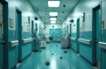Hospital corridor during coronavirus outbreak. Viral particles floating in the air, spreading disease in the medical center. Concept of contamination, pandemic, healthcare. Empty hospital corridor.