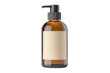 Liquid soap mockup template featuring an amber glass bottle with a pump top and blank label for customizable branding display in a clean, minimalistic environment