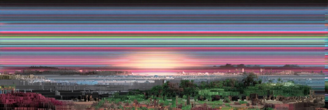 System Reboot Freeze Frame Displaying Color Band Artifacts With Clarity in the Top Third Featuring a Sunset Over a Landscape