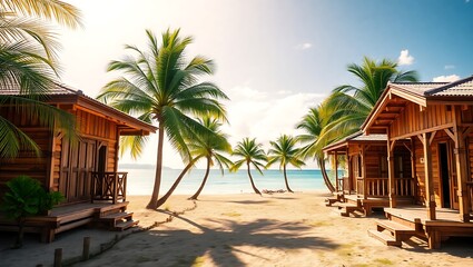 Fototapeta premium Tropical beachfront cabanas with palm trees