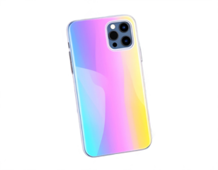 Iridescent smartphone case with a holographic finish against a black background.