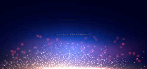Gold lighting effect shining bokeh illustration on dark blue background.