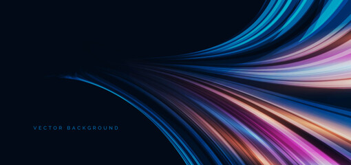 High speed muticolor curved lines on dark blue background. High speed motion moving concept.