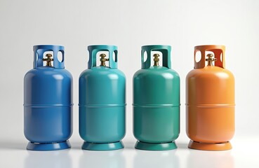 LPG gas cylinders row. Gas tanks, blue, cyan, green, orange colors. Steel propane containers. Propane gas storage. Fuel supply, energy, cooking, industrial, dangerous. Isolated white background.