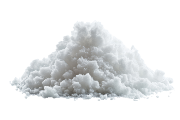 Closeup view of a pile of snow isolated on a white background showcasing its texture and intricate details during winter's serene embrace