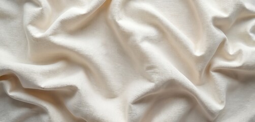 Obraz premium Top view of natural linen fabric texture. White, beige, flax cloth background. Wrinkled material, folded with soft waves. Textile cover background for eco style design.