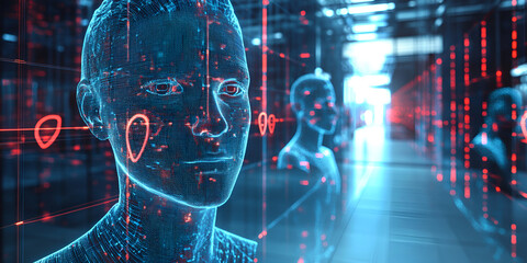 Futuristic digital human face in high-tech data environment, Virtual human face surrounded by glowing data and numbers, Artificial intelligence concept with holographic human face