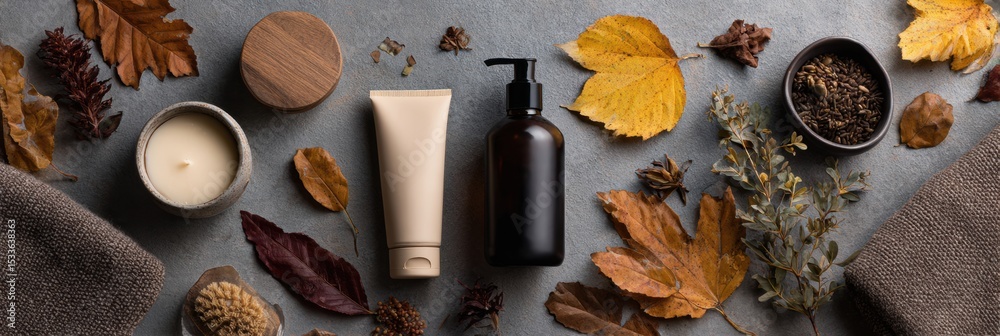 Aufkleber autumn body care collection on a tabletop with falling leaves creating a serene and cozy atmosphere 