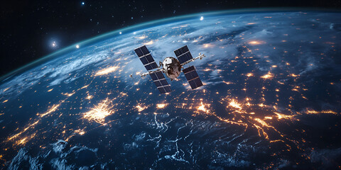 Satellite in orbit over Earth with glowing city lights at night, Earth from space with satellite and network connections, Satellite floating above Earth with digital connectivity in space