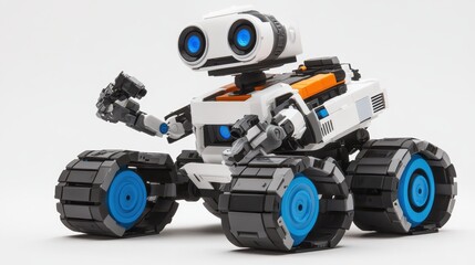Fototapeta premium Playful Robot with Blue Eyes and Large Wheels on White Background