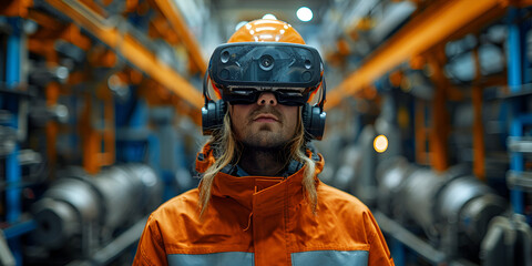 Worker in industrial safety gear using VR headset in factory, Engineer with VR headset in manufacturing plant with futuristic equipment, Virtual reality technology for industrial work in factory setti