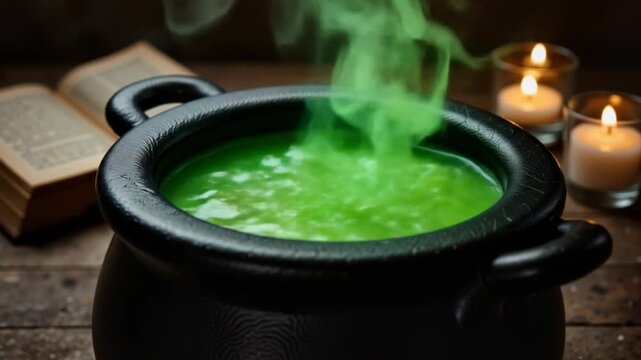 Black cauldron bubbling with green potion surrounded by candles and book  