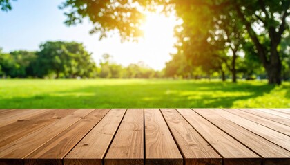 Sunlit wooden table overlooking lush green park nature photography outdoor scene warm atmosphere