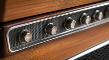 Close-up of vintage audio controls.  Wooden panel with 4 round knobs.  Grey grid panel behind knobs.  Details of an old stereo or car audio system