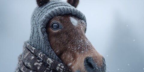 Winter Wonderland Horse in Snowy Hat Captivating CloseUp