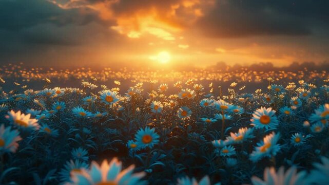 Big chamomile flower at night with bright moon shining