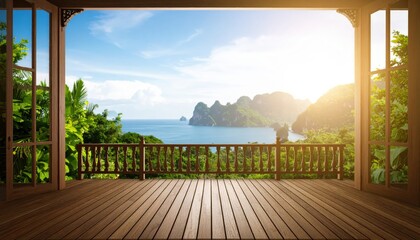 Fototapeta premium Breathtaking sunrise over coastal landscape tropical balcony view photography serene environment