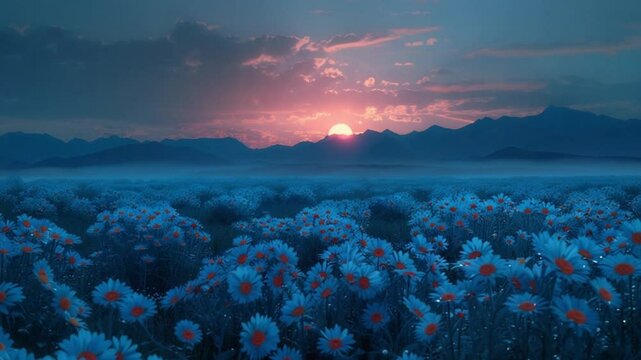 Big chamomile flower at night with bright moon shining