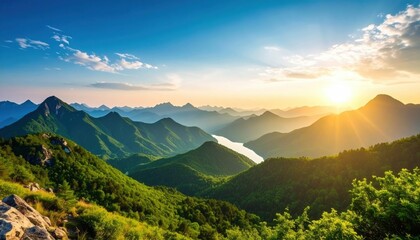 Captivating sunrise over majestic mountains serene landscape nature photography peaceful environment wide angle view