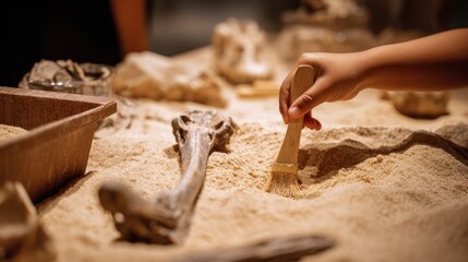 Child Excitedly Digging for Fossils in Sand at Educational Exhibit