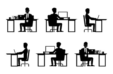 Silhouettes of Business People Working at Desks.Three stylized silhouettes of people working at different desks